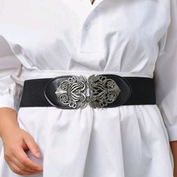 Plus size Black Vintage style floral buckle corset boho elastic wide waist belt - Picture 3 of 6